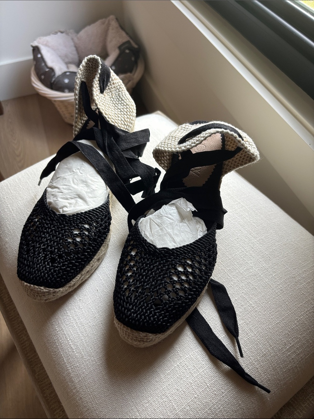 J. Crew Black Crochet Espadrille Wedge with Natural Heel